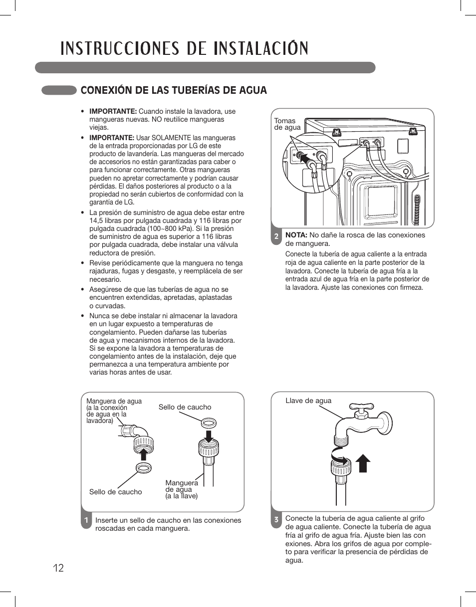 Conexión de las tuberías de agua | LG LSWF388HVS User Manual | Page 48 / 108