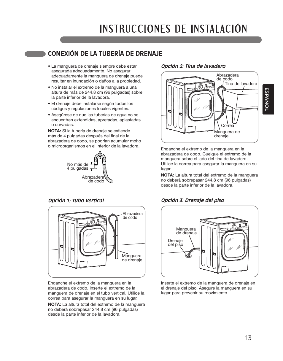 Conexión de la tubería de drenaje | LG LSWF388HVS User Manual | Page 49 / 108