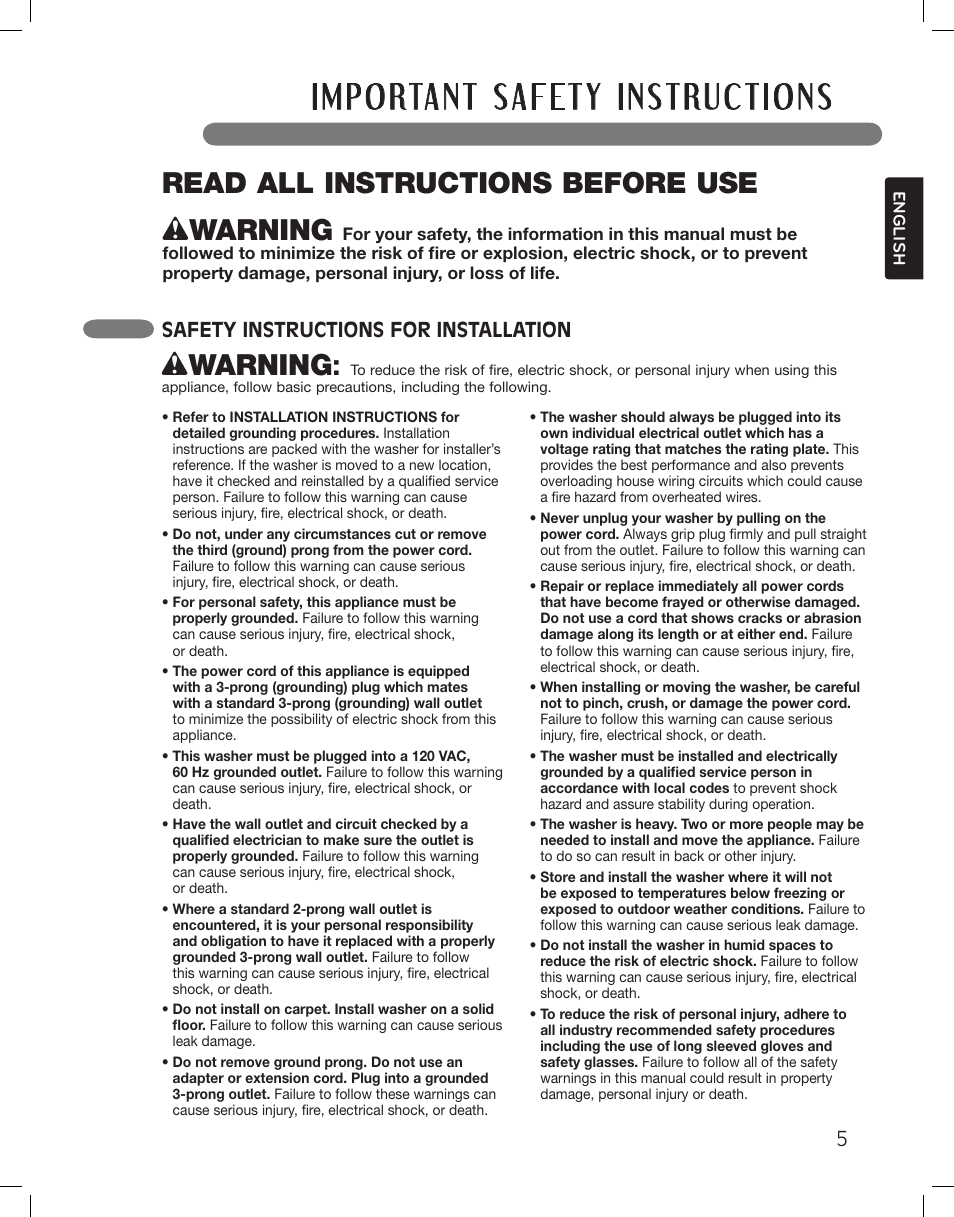 Wwarning, Read all instructions before use, Safety instructions for installation | LG LSWF388HVS User Manual | Page 5 / 108