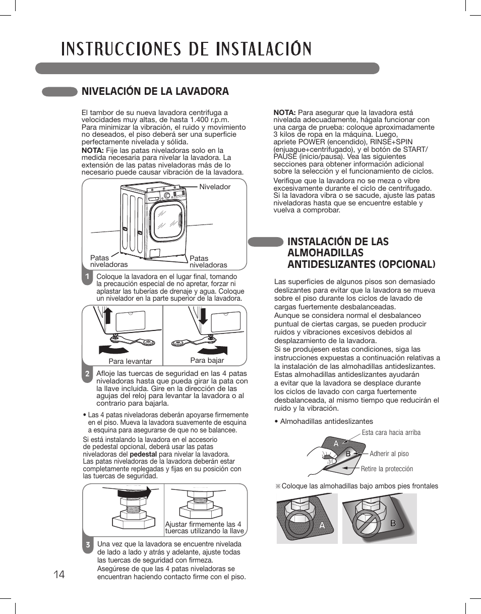 Nivelación de la lavadora | LG LSWF388HVS User Manual | Page 50 / 108