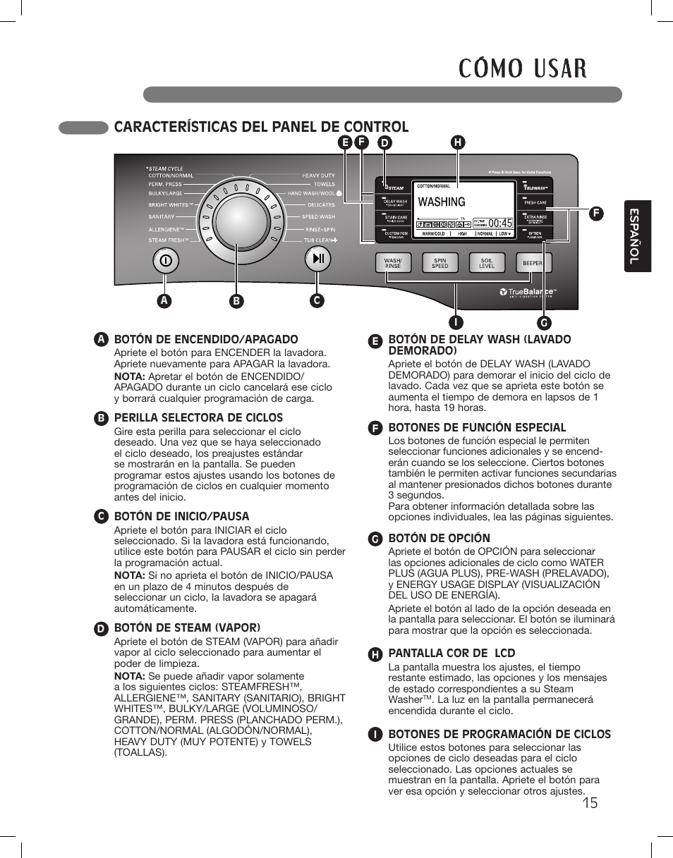 Características del panel de control | LG LSWF388HVS User Manual | Page 51 / 108