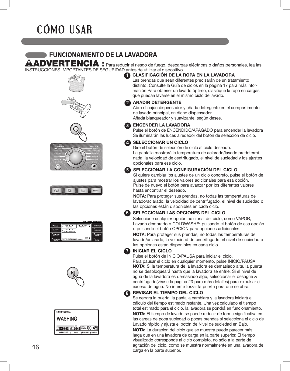 Wadvertencia, Funcionamiento de la lavadora | LG LSWF388HVS User Manual | Page 52 / 108
