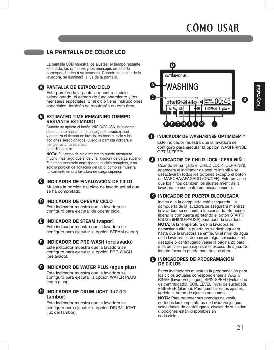 La pantalla de color lcd | LG LSWF388HVS User Manual | Page 57 / 108
