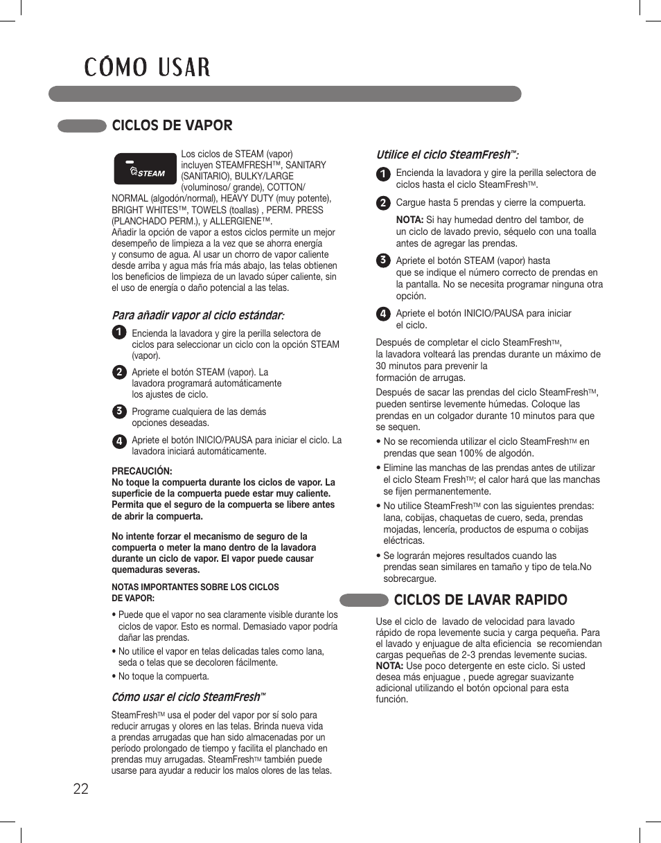 Ciclos de vapor ciclos de lavar rapido | LG LSWF388HVS User Manual | Page 58 / 108