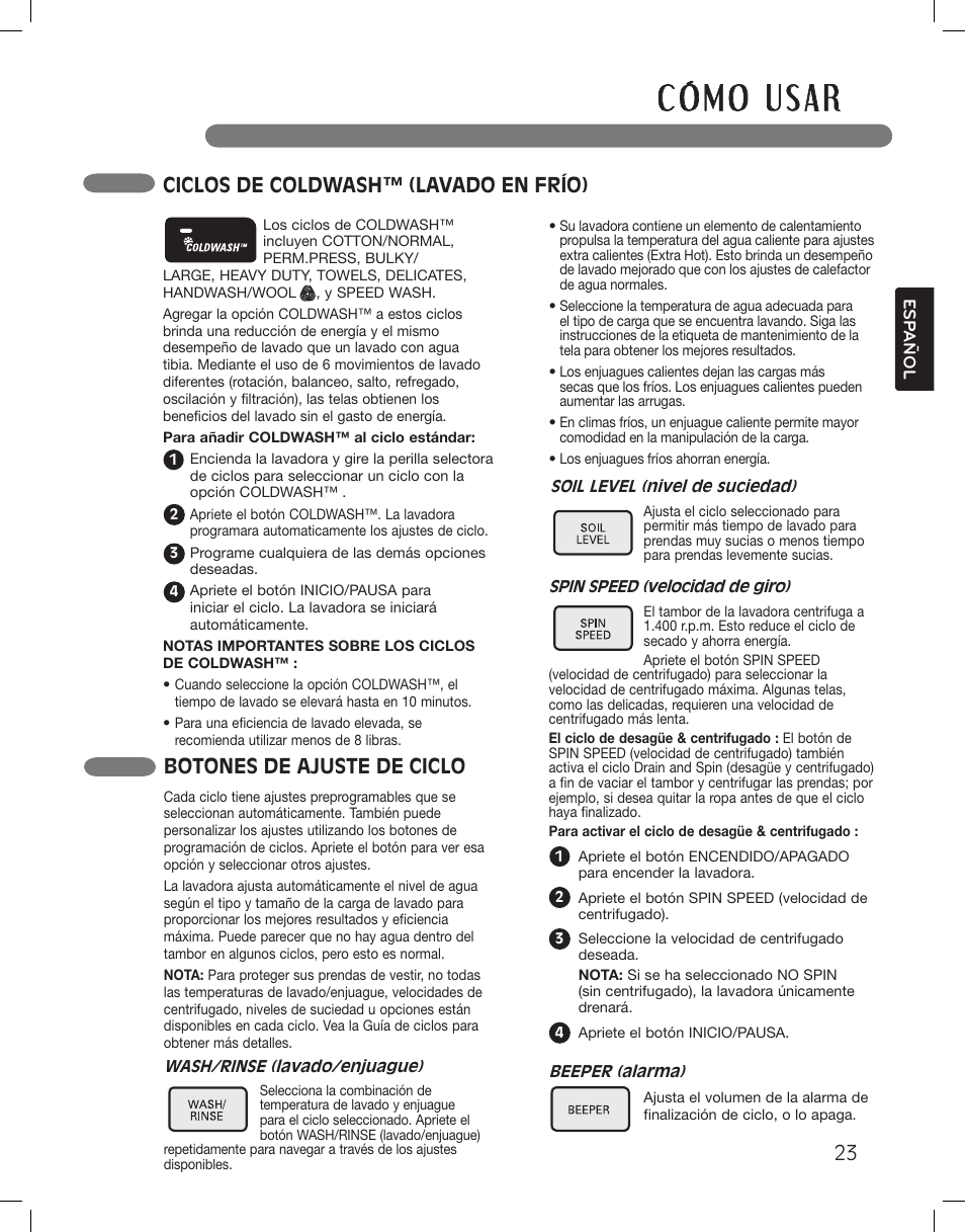 Botones de ajuste de ciclo, Ciclos de coldwash™ (lavado en frío) | LG LSWF388HVS User Manual | Page 59 / 108