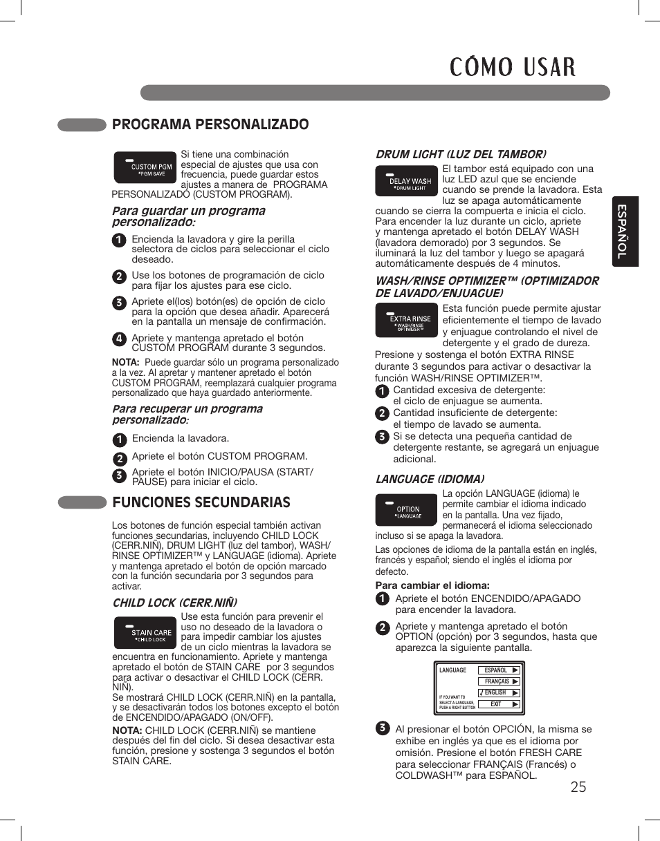 Programa personalizado, Funciones secundarias | LG LSWF388HVS User Manual | Page 61 / 108