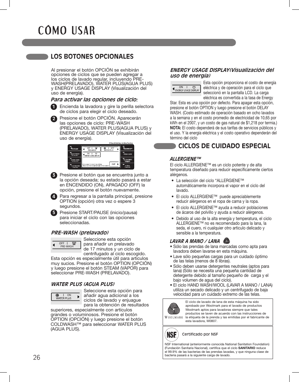 Los botones opcionales, Ciclos de cuidado especial | LG LSWF388HVS User Manual | Page 62 / 108