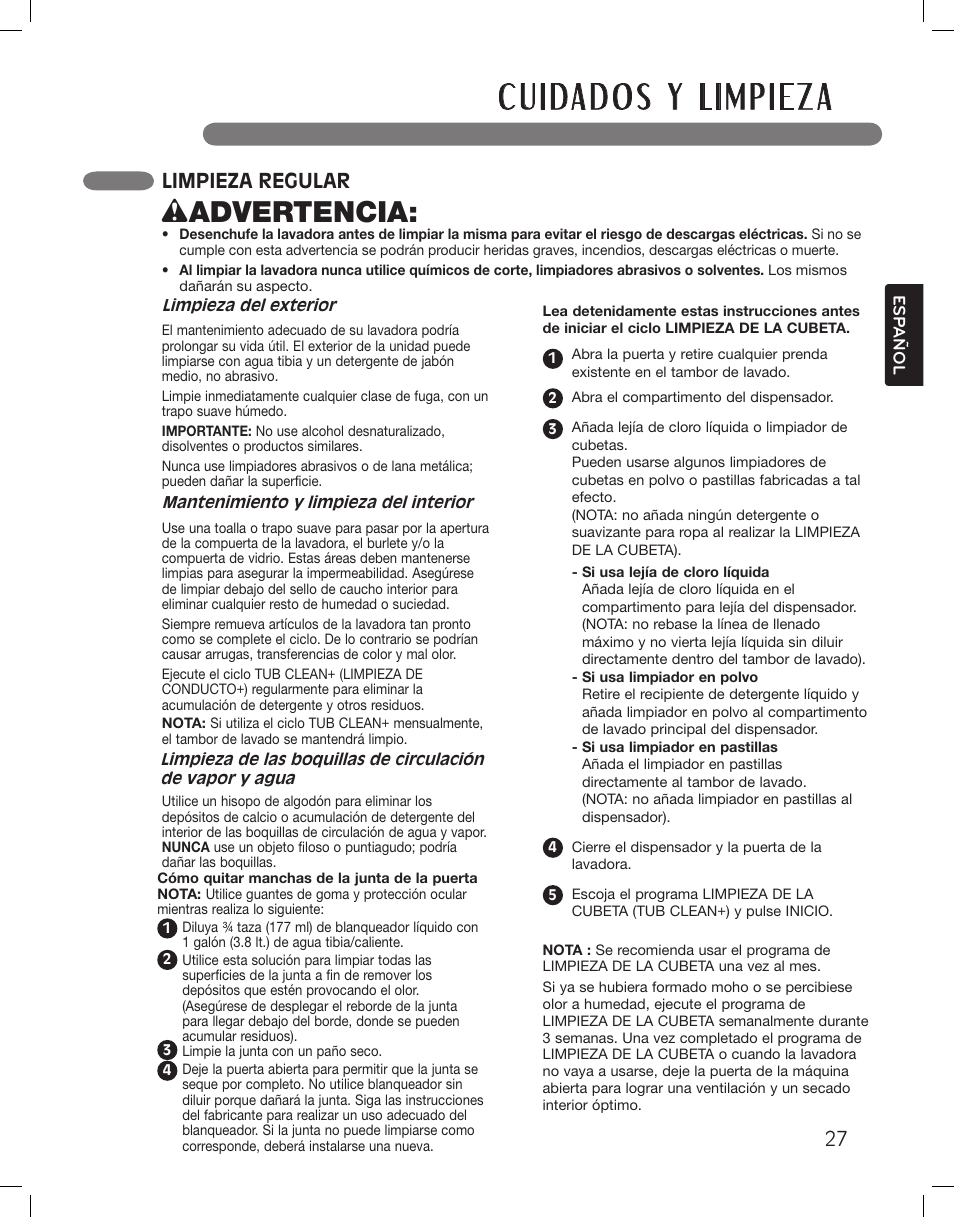 Wadvertencia, Limpieza regular | LG LSWF388HVS User Manual | Page 63 / 108