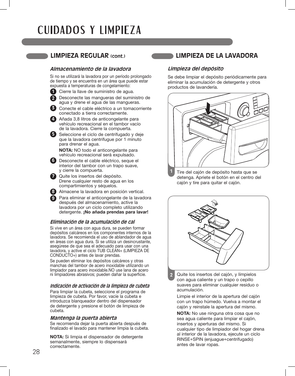 Limpieza regular, Limpieza de la lavadora | LG LSWF388HVS User Manual | Page 64 / 108