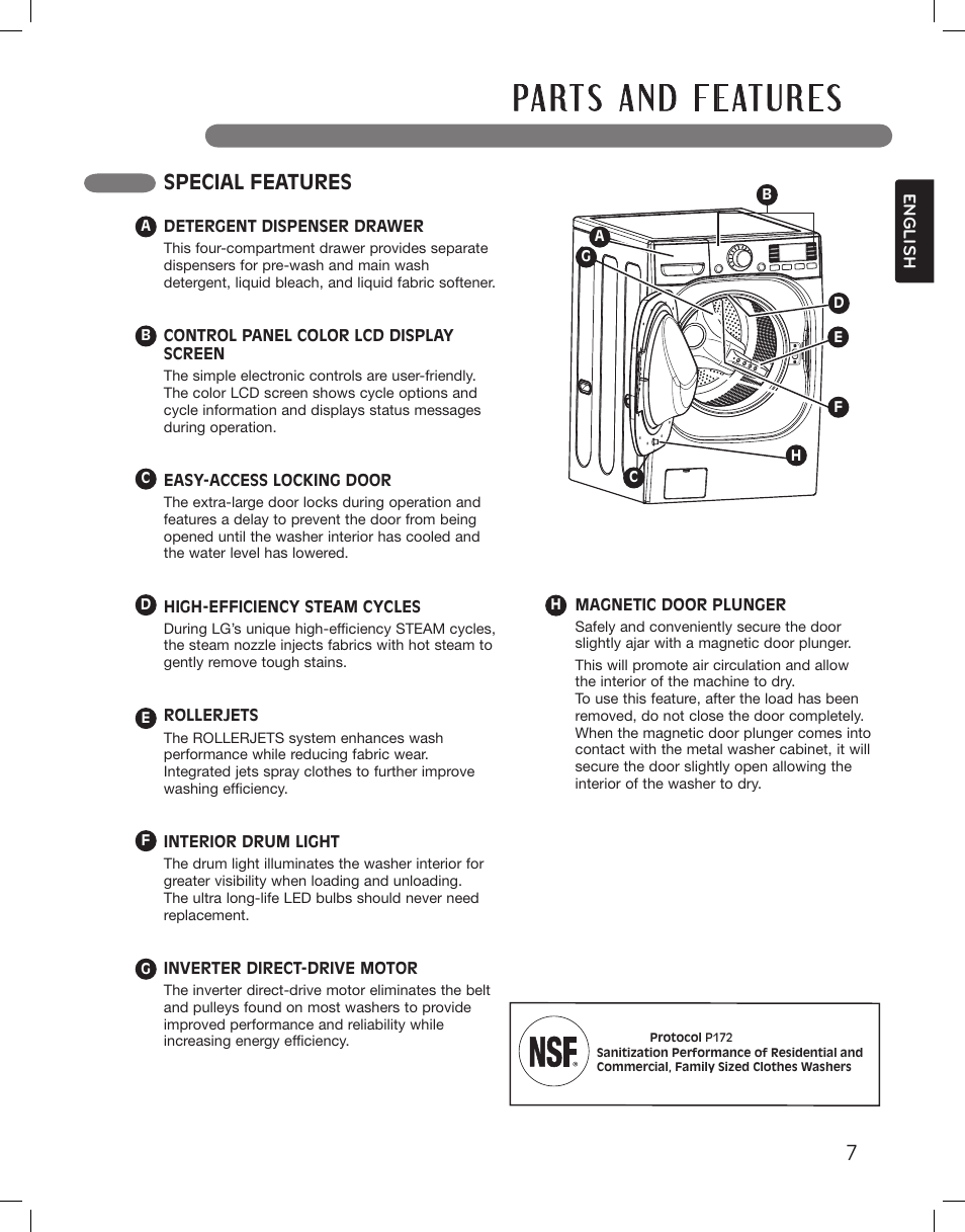 Special features | LG LSWF388HVS User Manual | Page 7 / 108