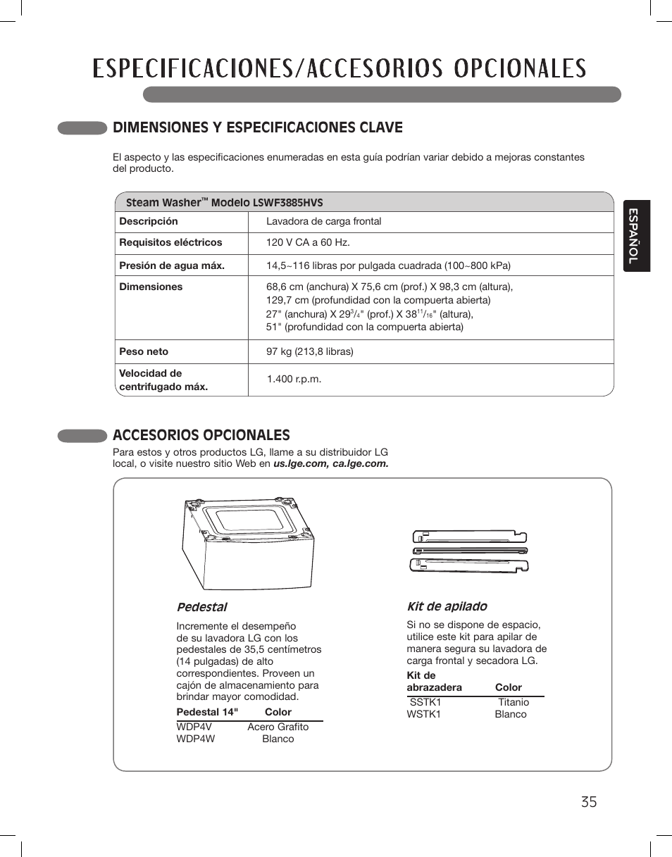 Dimensiones y especificaciones clave, Accesorios opcionales | LG LSWF388HVS User Manual | Page 71 / 108