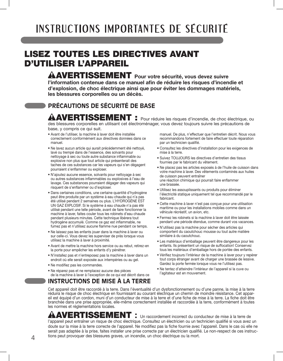 Wavertissement, Instructions de mise à la terre, Précautions de sécurité de base | LG LSWF388HVS User Manual | Page 76 / 108