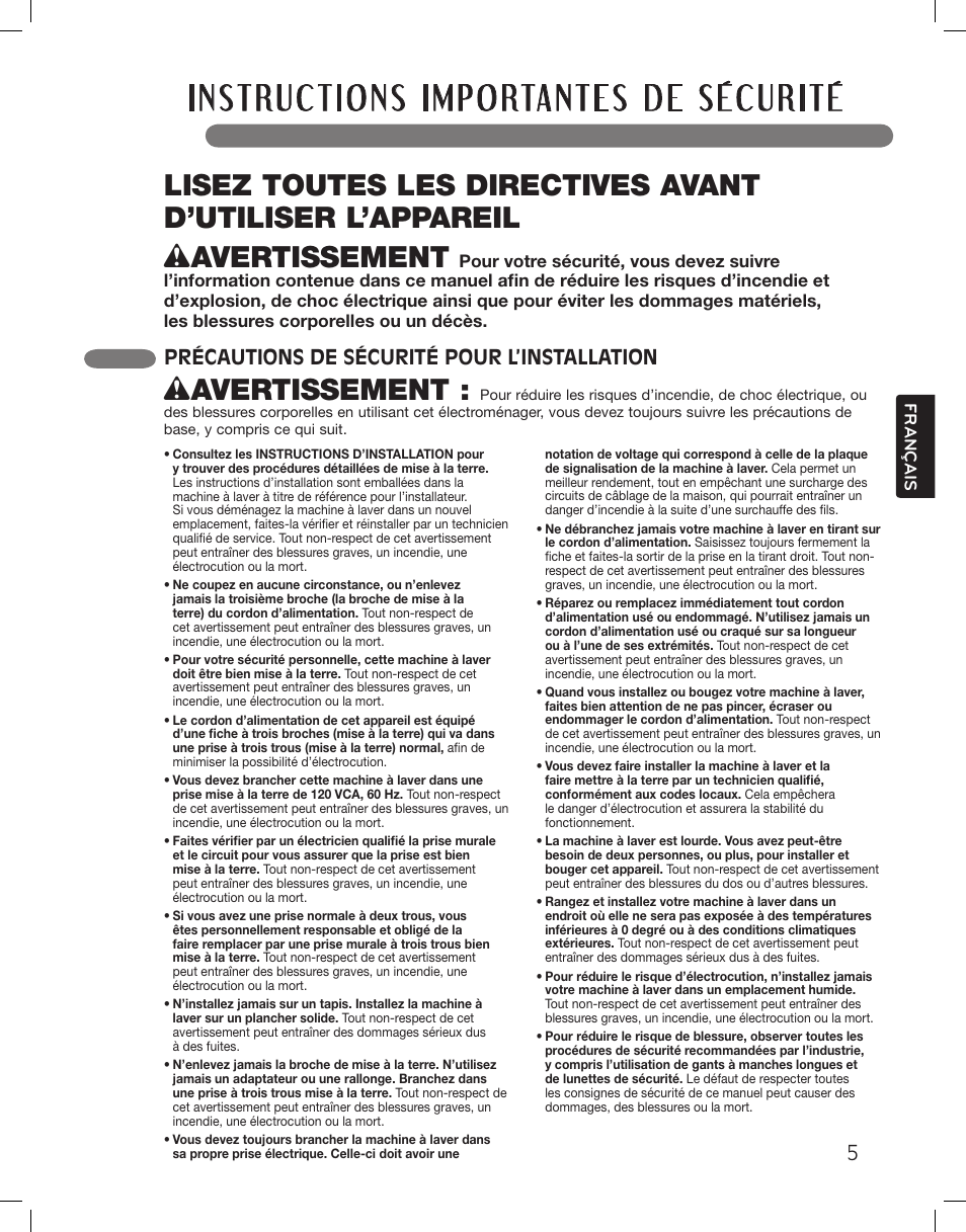 Wavertissement, Précautions de sécurité pour l’installation | LG LSWF388HVS User Manual | Page 77 / 108