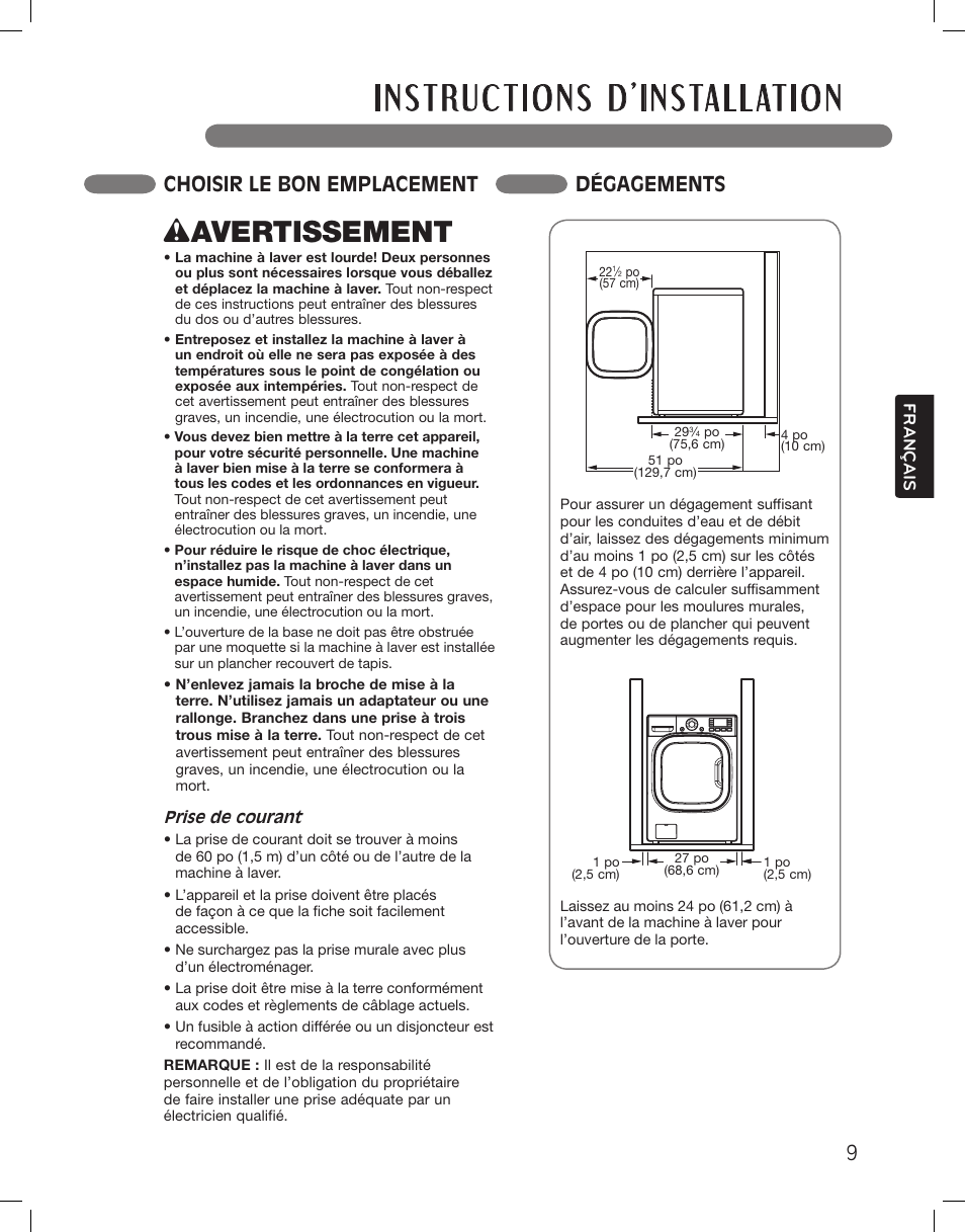 Wavertissement, Choisir le bon emplacement dégagements | LG LSWF388HVS User Manual | Page 81 / 108