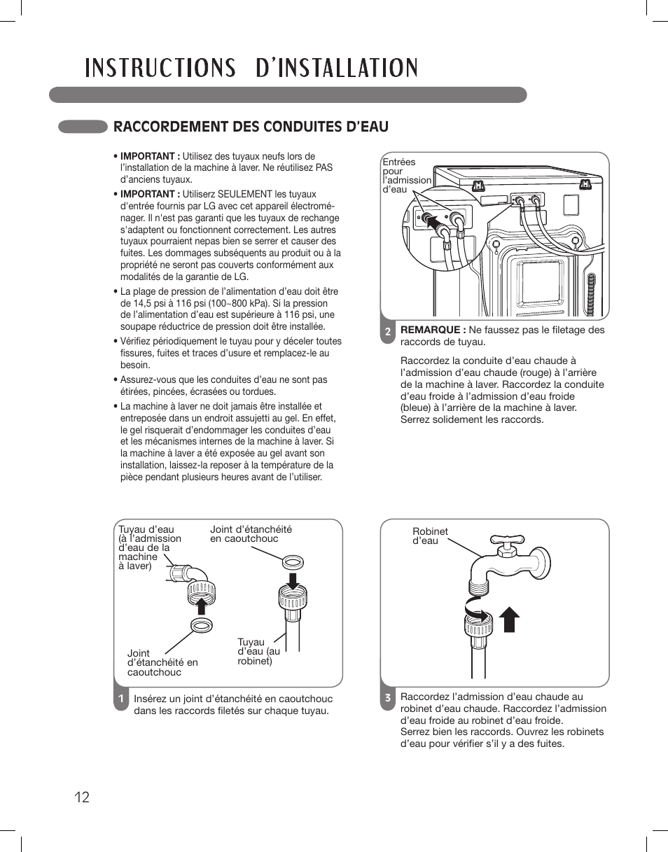 Raccordement des conduites d’eau | LG LSWF388HVS User Manual | Page 84 / 108