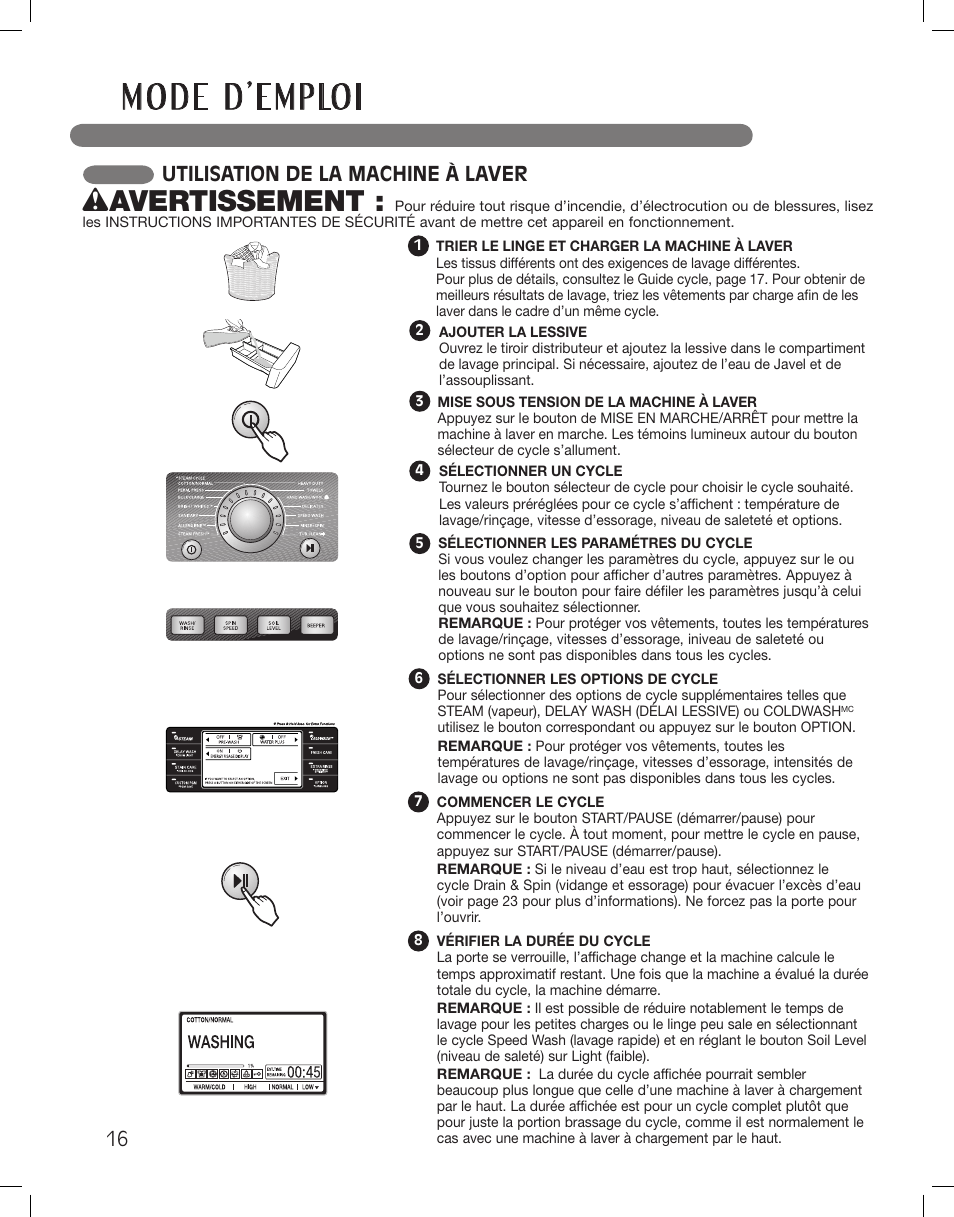 Wavertissement, Utilisation de la machine à laver | LG LSWF388HVS User Manual | Page 88 / 108
