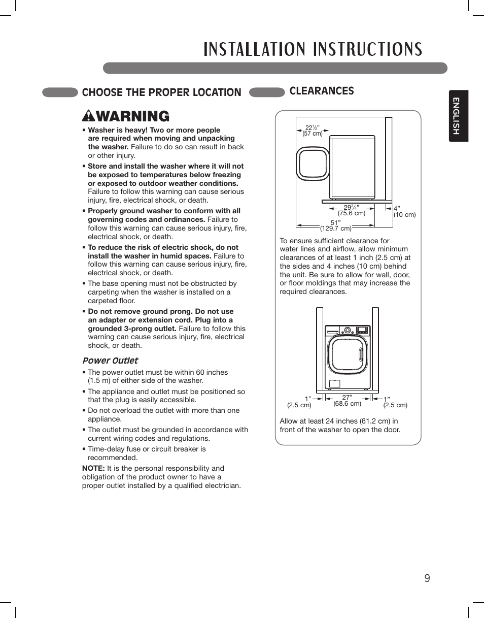Wwarning, Choose the proper location clearances | LG LSWF388HVS User Manual | Page 9 / 108
