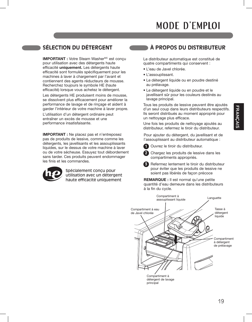 Sélection du détergent à propos du distributeur | LG LSWF388HVS User Manual | Page 91 / 108