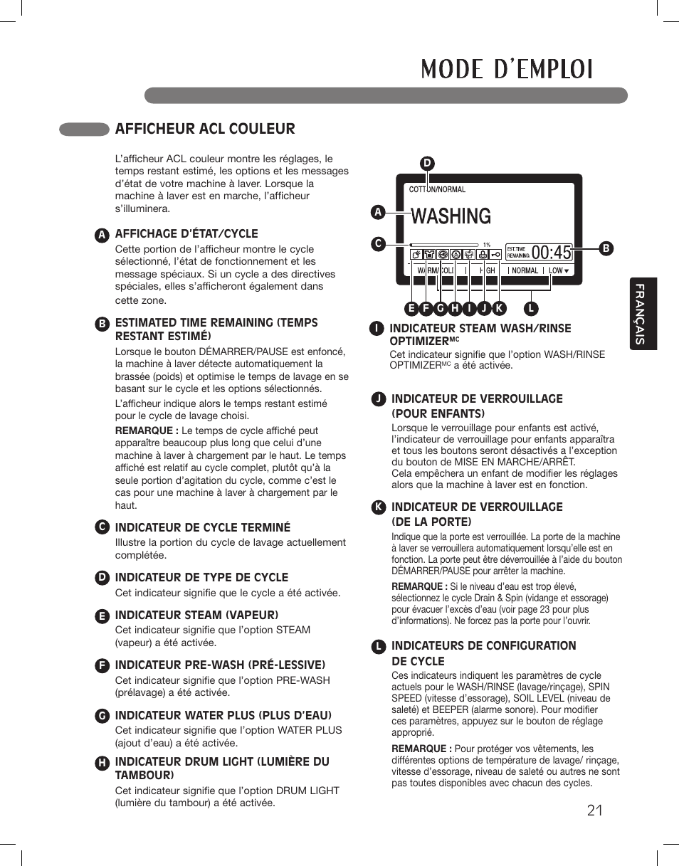 Afficheur acl couleur | LG LSWF388HVS User Manual | Page 93 / 108