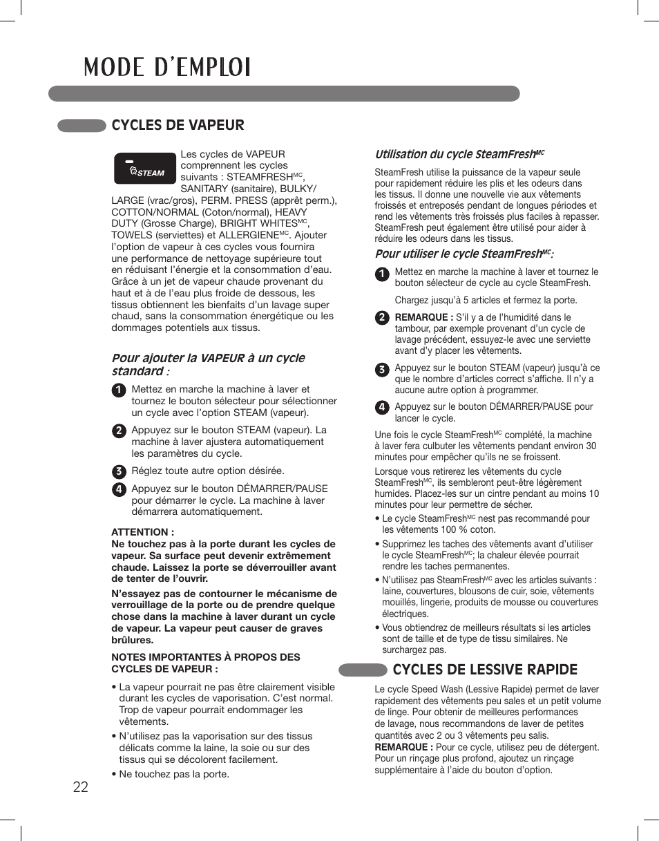 Cycles de vapeur cycles de lessive rapide | LG LSWF388HVS User Manual | Page 94 / 108