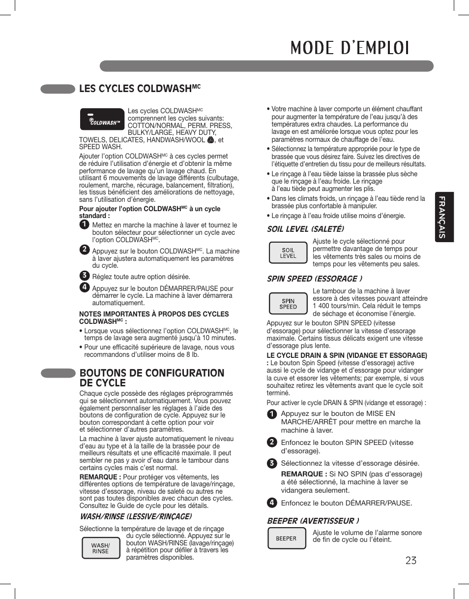 Les cycles coldwash, Boutons de configuration de cycle | LG LSWF388HVS User Manual | Page 95 / 108