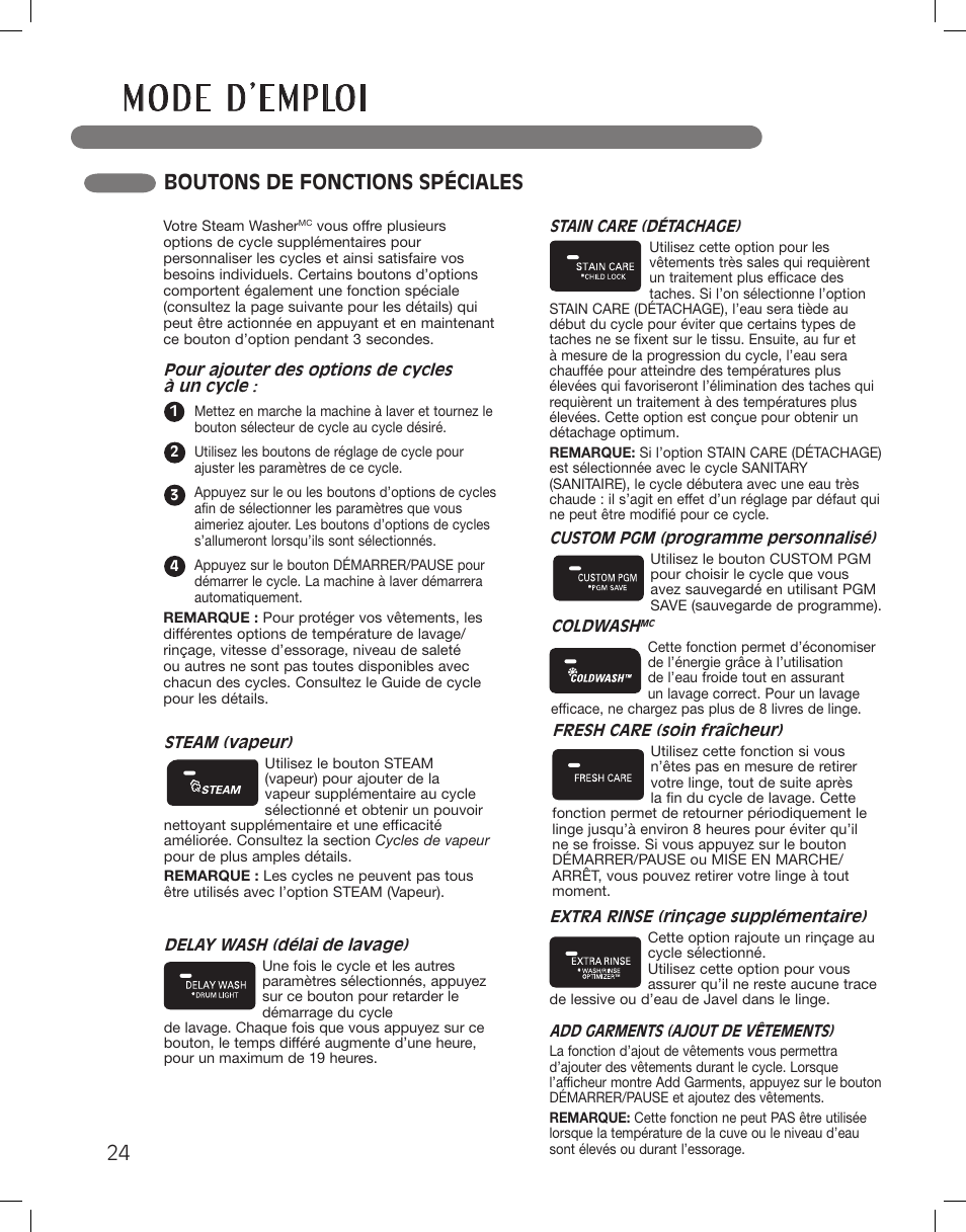 Boutons de fonctions spéciales | LG LSWF388HVS User Manual | Page 96 / 108