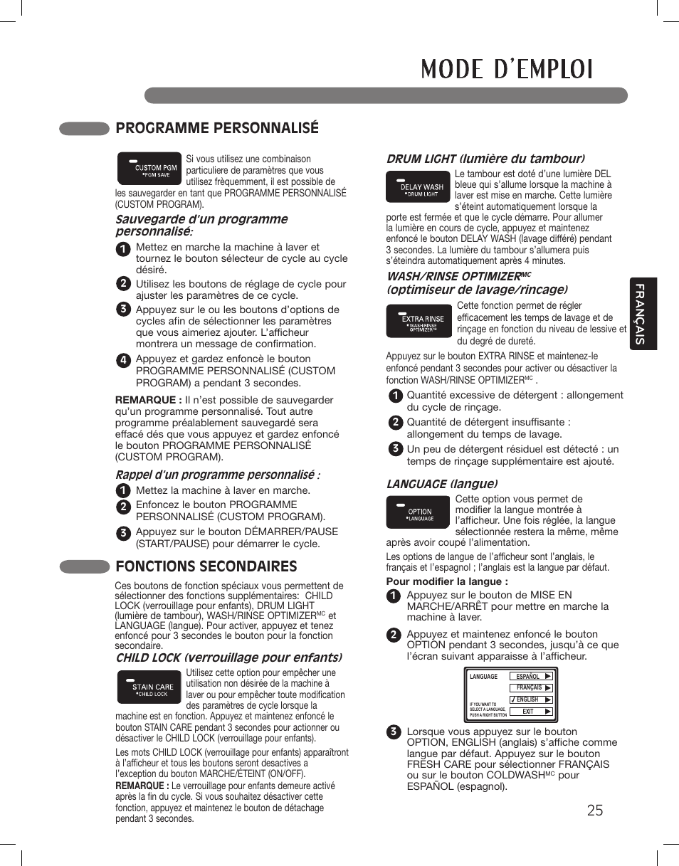 Fonctions secondaires, Programme personnalisé | LG LSWF388HVS User Manual | Page 97 / 108