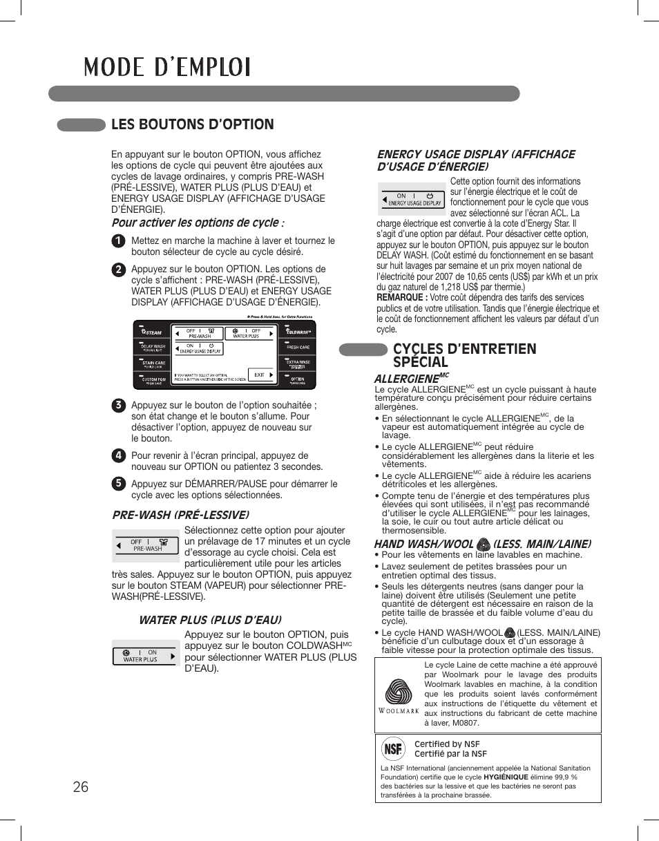 Les boutons d’option, Cycles d’entretien spécial | LG LSWF388HVS User Manual | Page 98 / 108