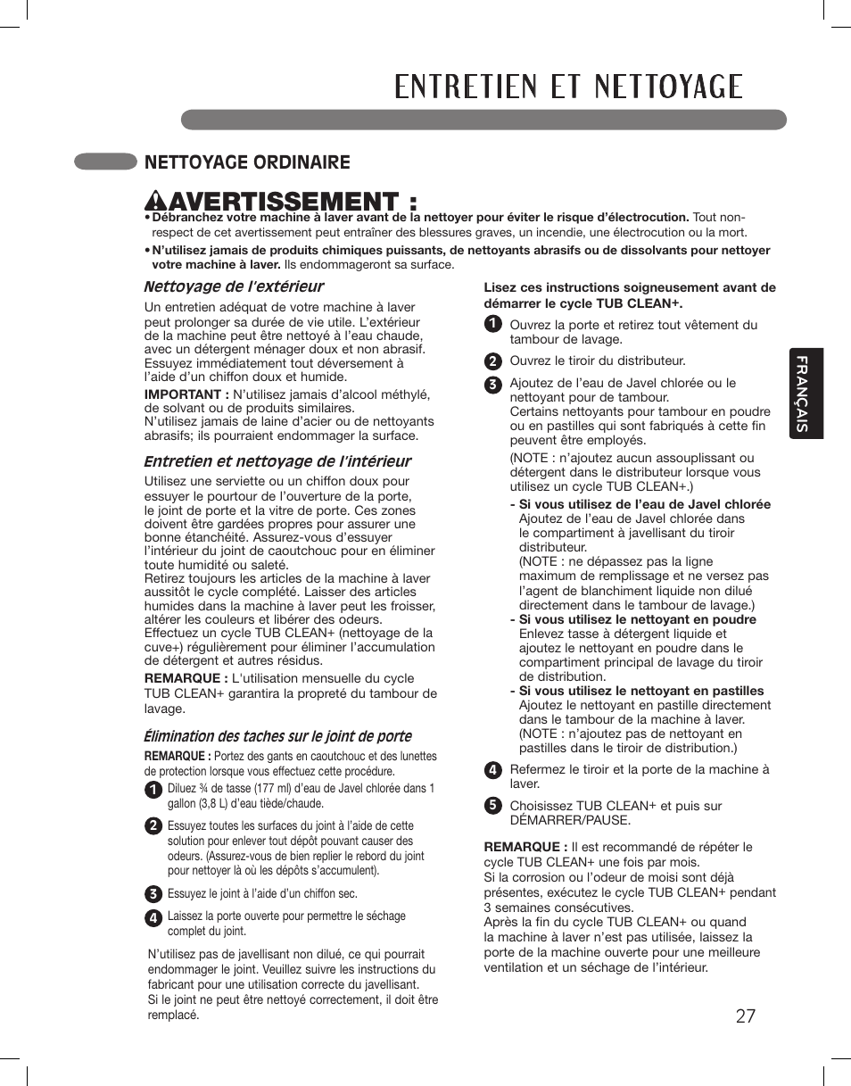 Wavertissement, Nettoyage ordinaire | LG LSWF388HVS User Manual | Page 99 / 108