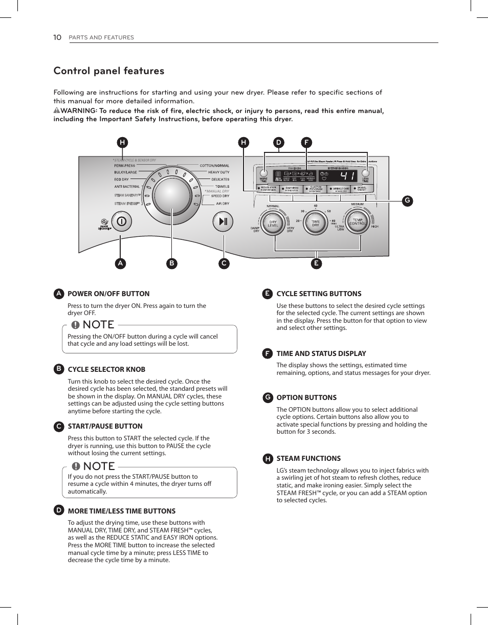 Control panel features | LG DLEX3650V User Manual | Page 10 / 96
