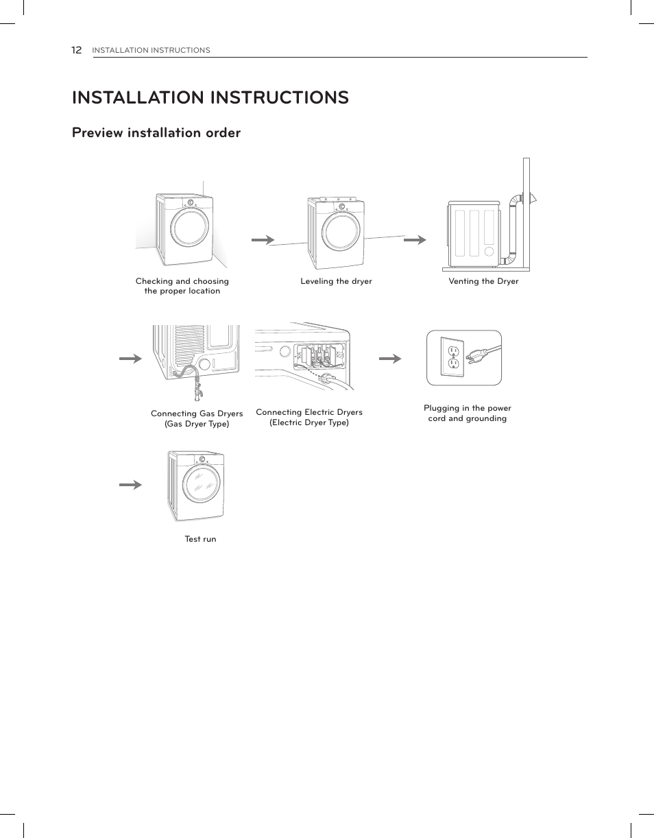 Installation instructions, Preview installation order | LG DLEX3650V User Manual | Page 12 / 96