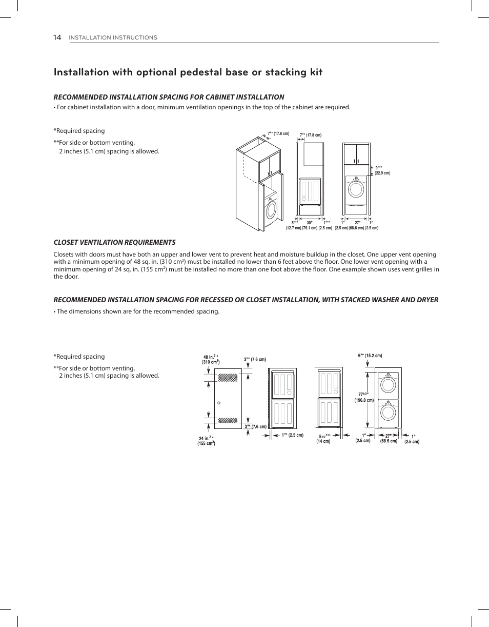 Closet ventilation requirements | LG DLEX3650V User Manual | Page 14 / 96