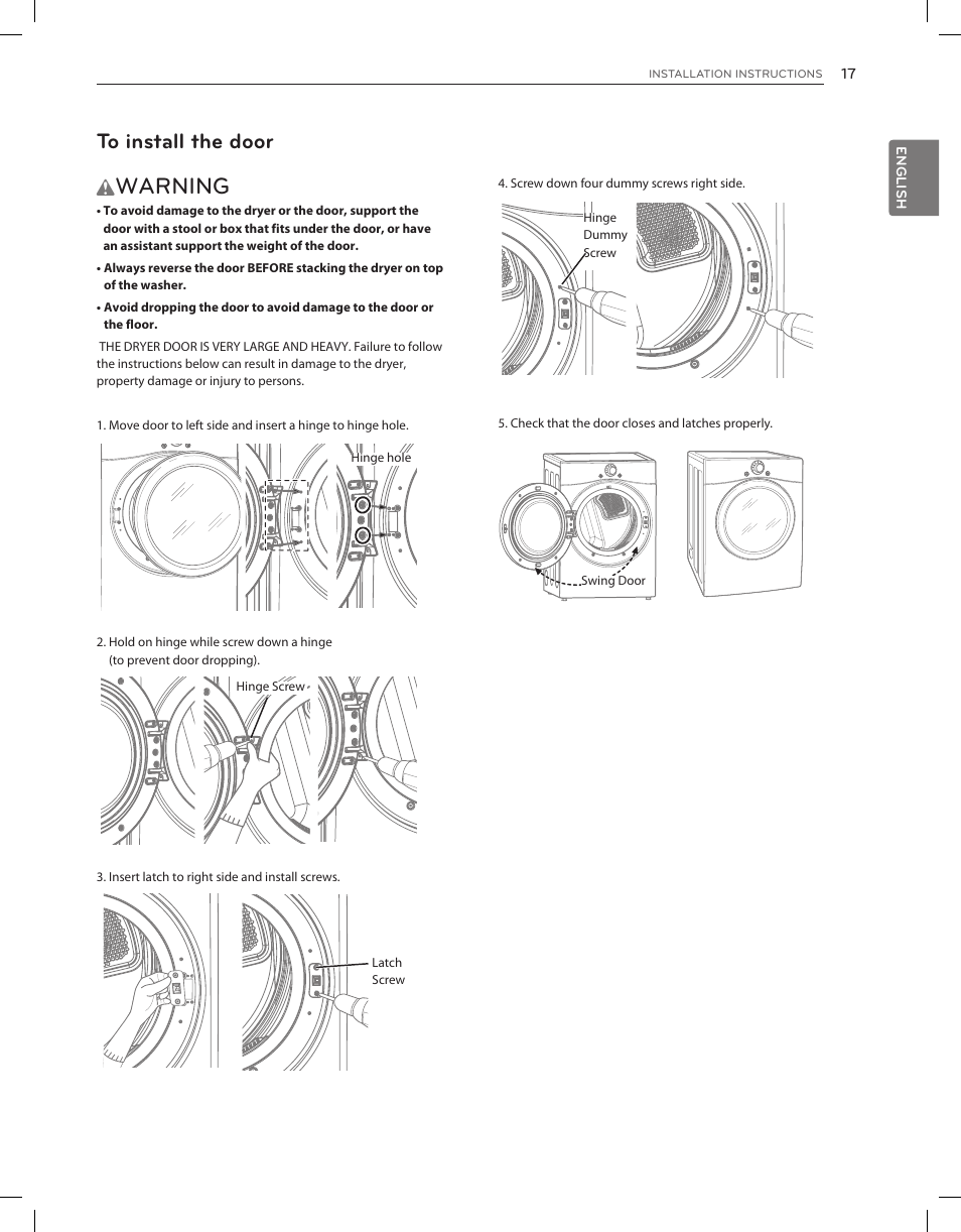 Warning | LG DLEX3650V User Manual | Page 17 / 96