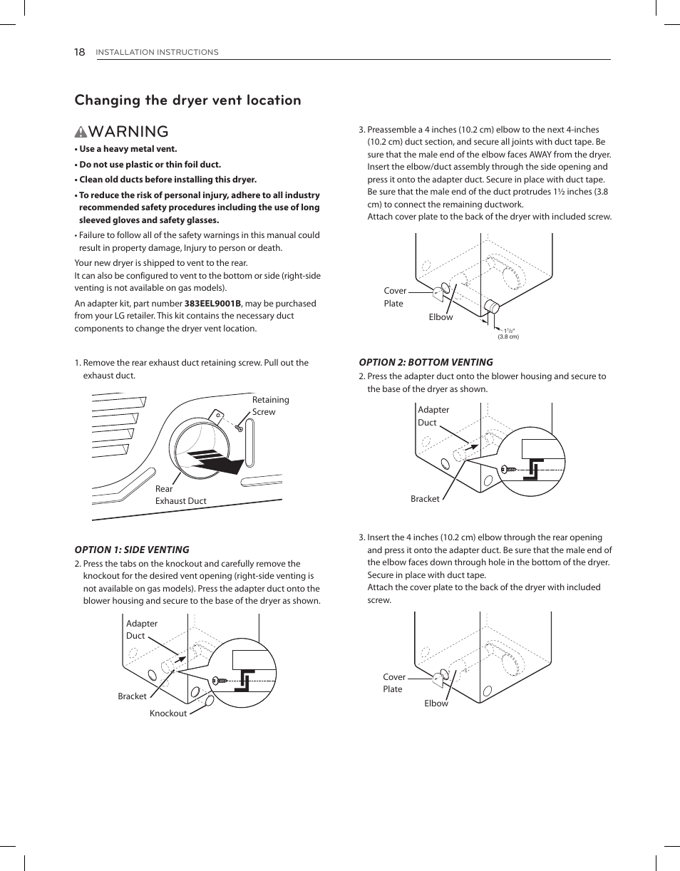 Warning, Changing the dryer vent location | LG DLEX3650V User Manual | Page 18 / 96