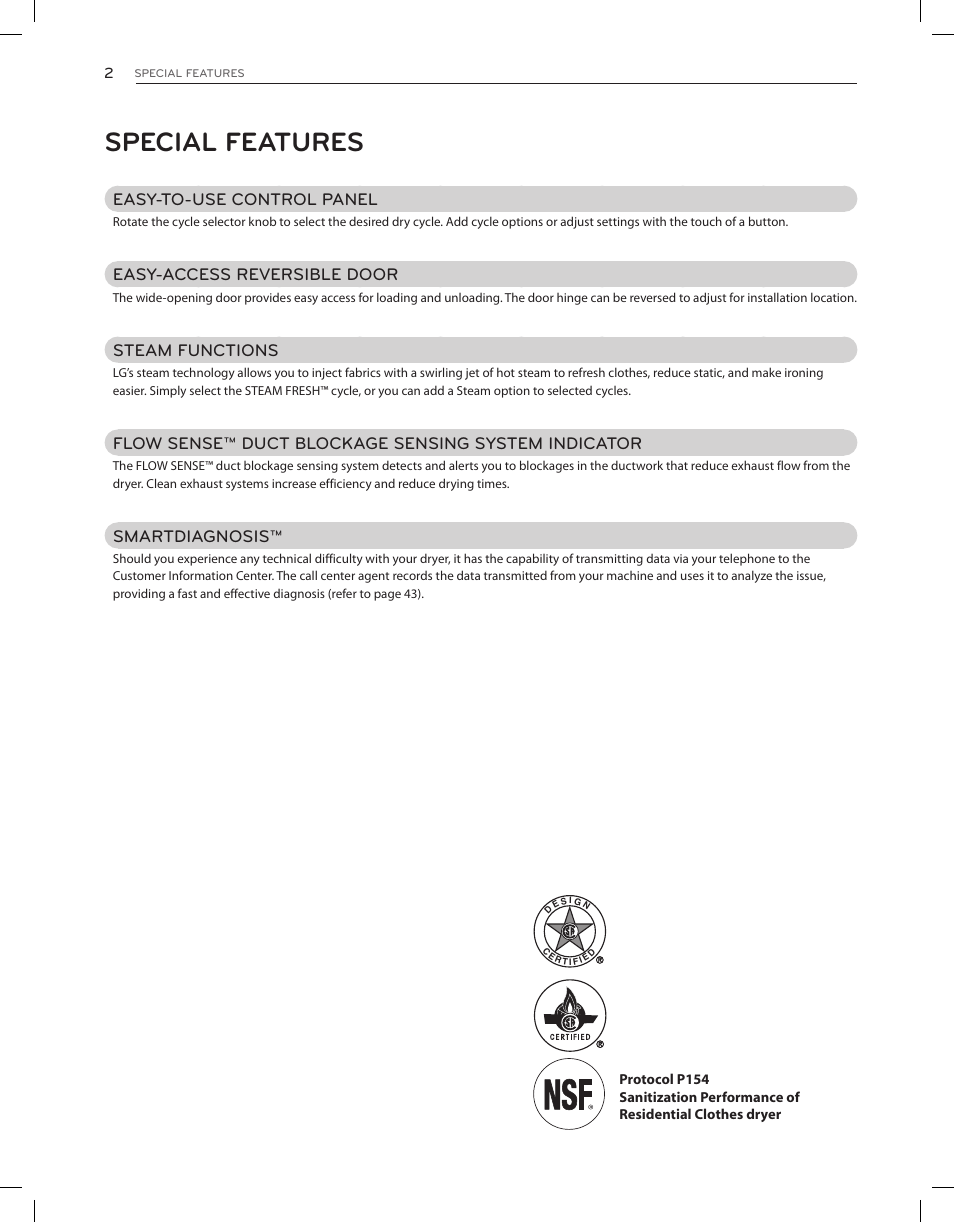 Special features | LG DLEX3650V User Manual | Page 2 / 96
