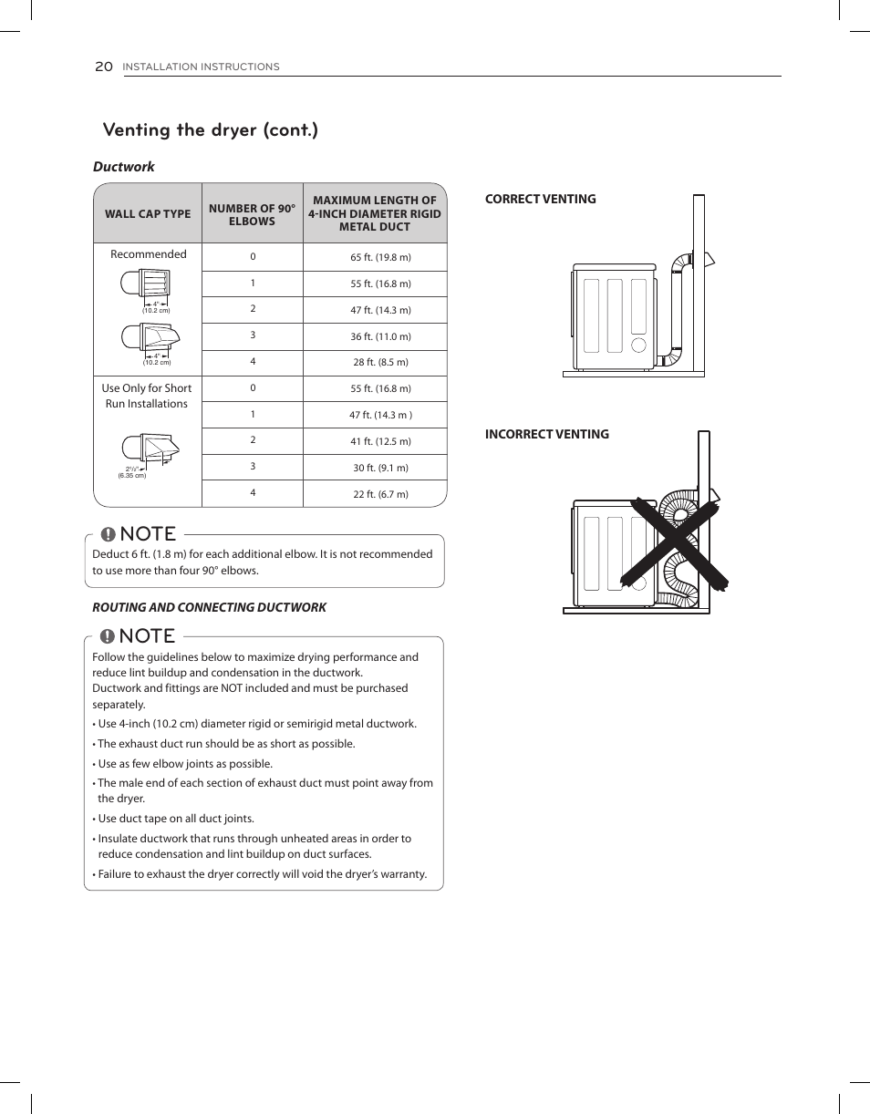 Venting the dryer (cont.) | LG DLEX3650V User Manual | Page 20 / 96
