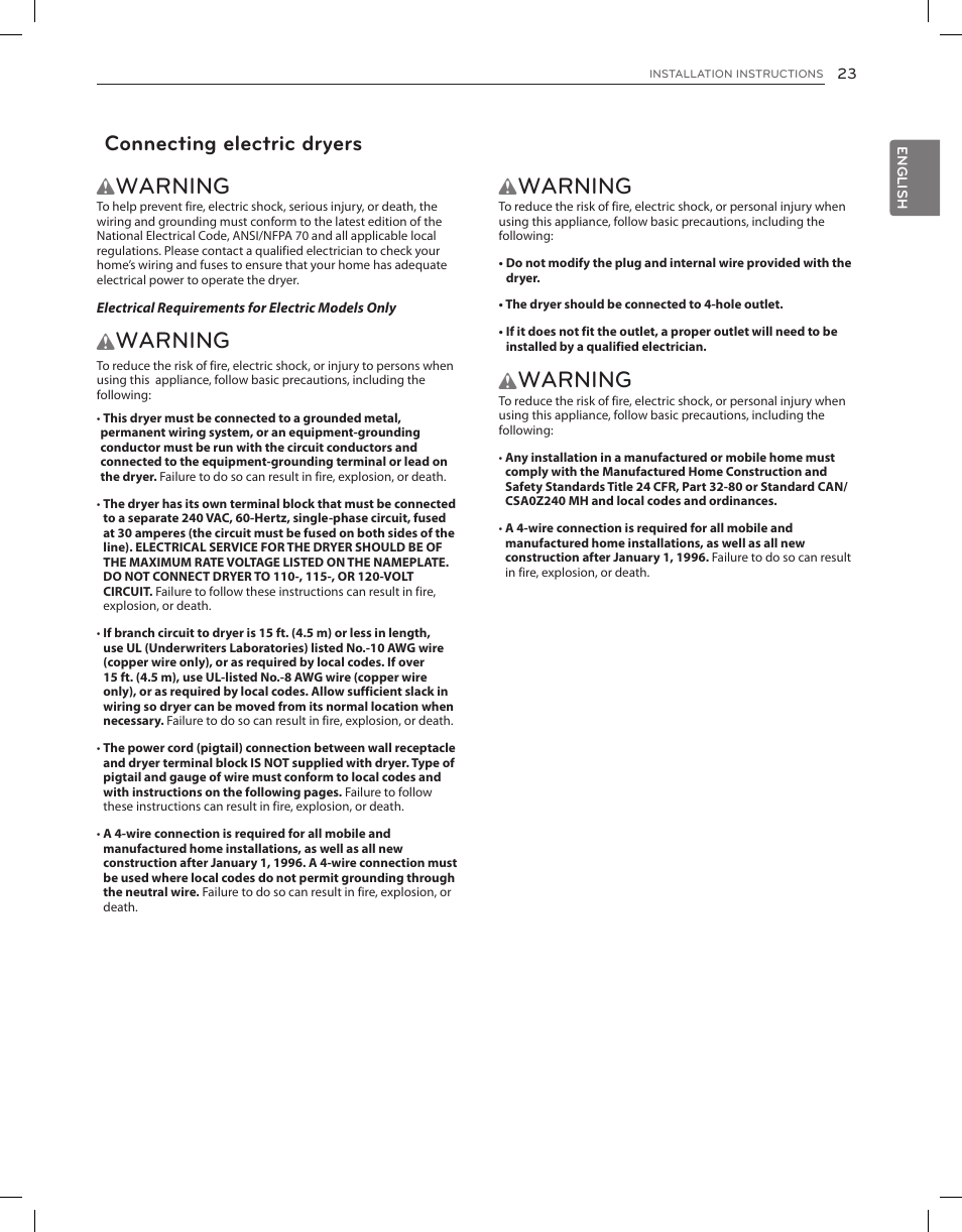 Warning, Connecting electric dryers | LG DLEX3650V User Manual | Page 23 / 96