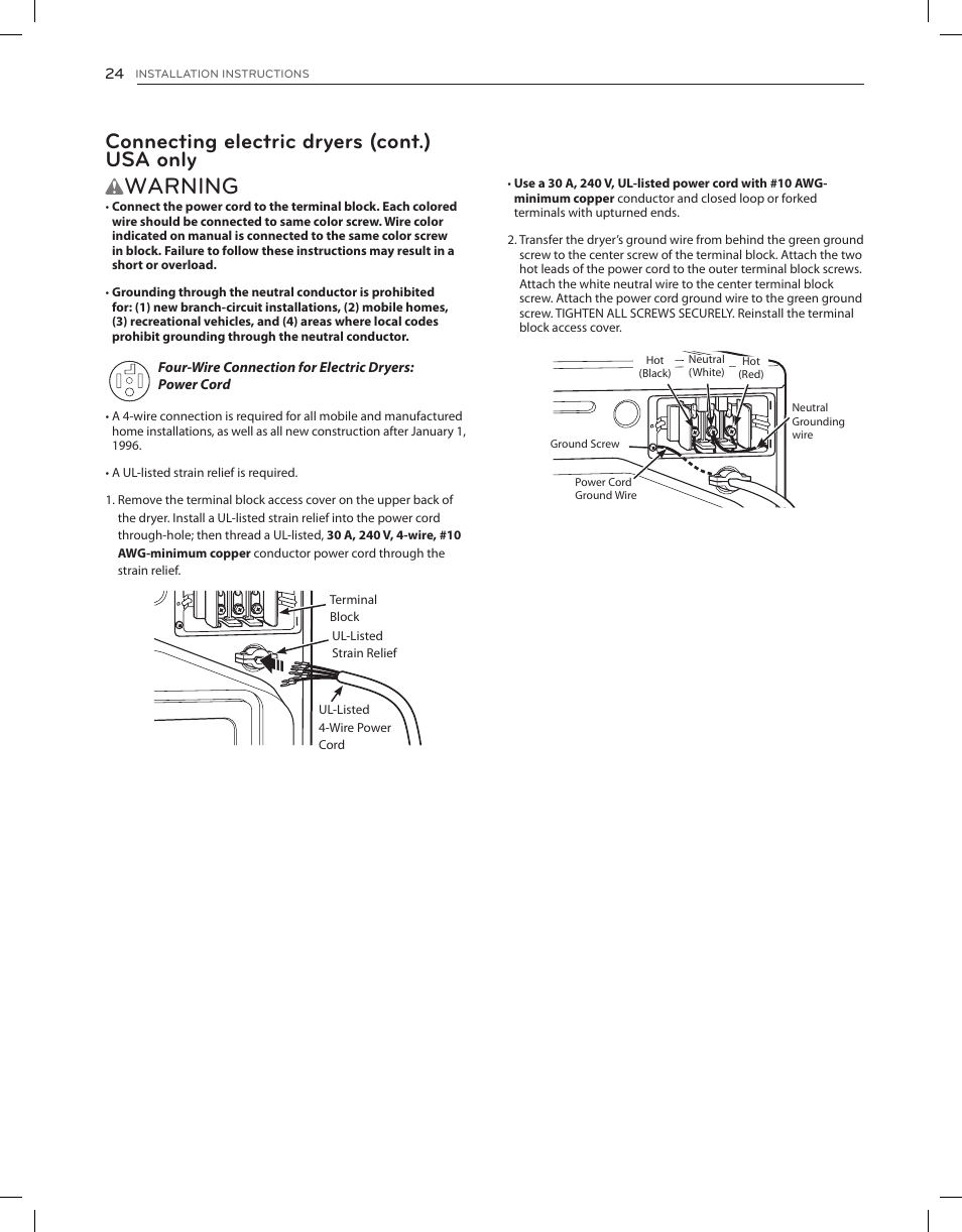 Warning, Connecting electric dryers (cont.) usa only | LG DLEX3650V User Manual | Page 24 / 96