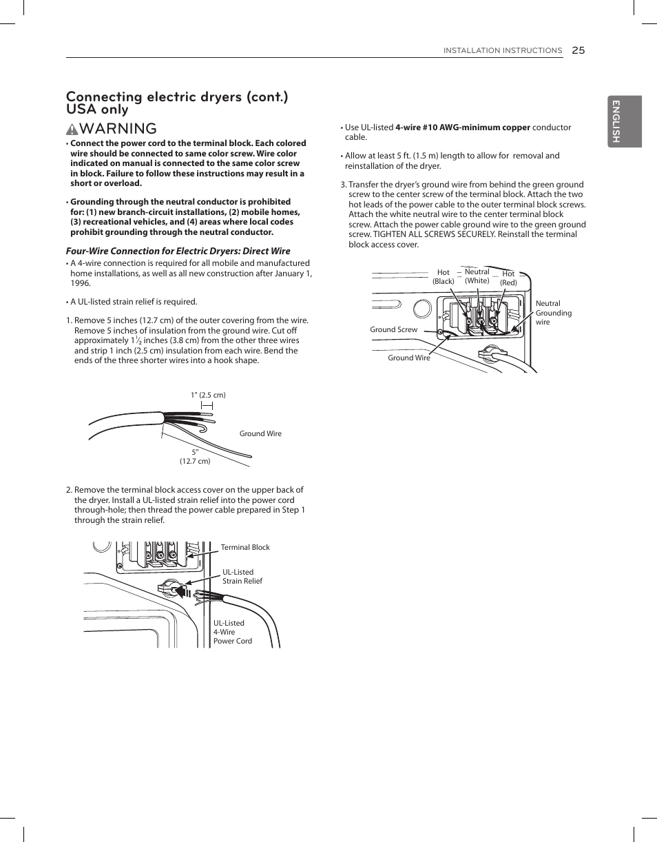Warning, Connecting electric dryers (cont.) usa only | LG DLEX3650V User Manual | Page 25 / 96