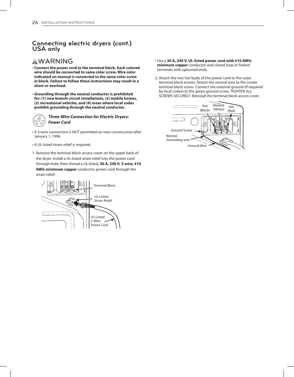 Warning, Connecting electric dryers (cont.) usa only | LG DLEX3650V User Manual | Page 26 / 96