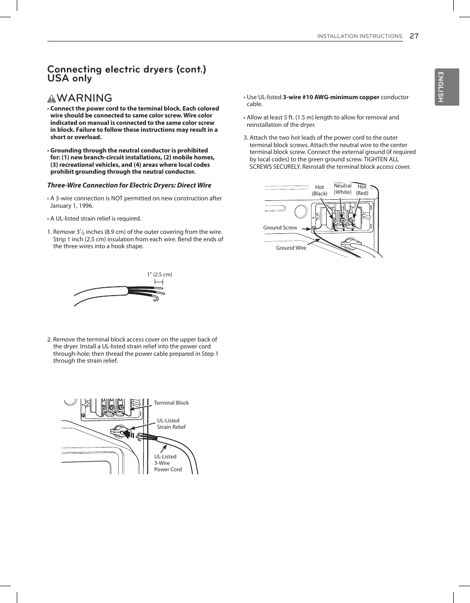 Warning, Connecting electric dryers (cont.) usa only | LG DLEX3650V User Manual | Page 27 / 96