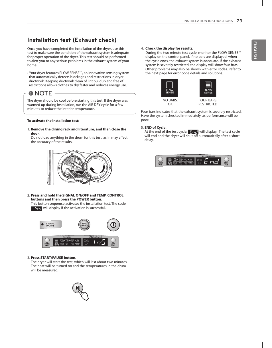 Installation test (exhaust check) | LG DLEX3650V User Manual | Page 29 / 96