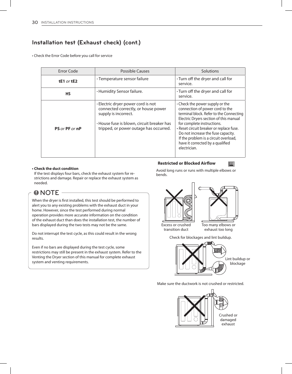 Installation test (exhaust check) (cont.) | LG DLEX3650V User Manual | Page 30 / 96