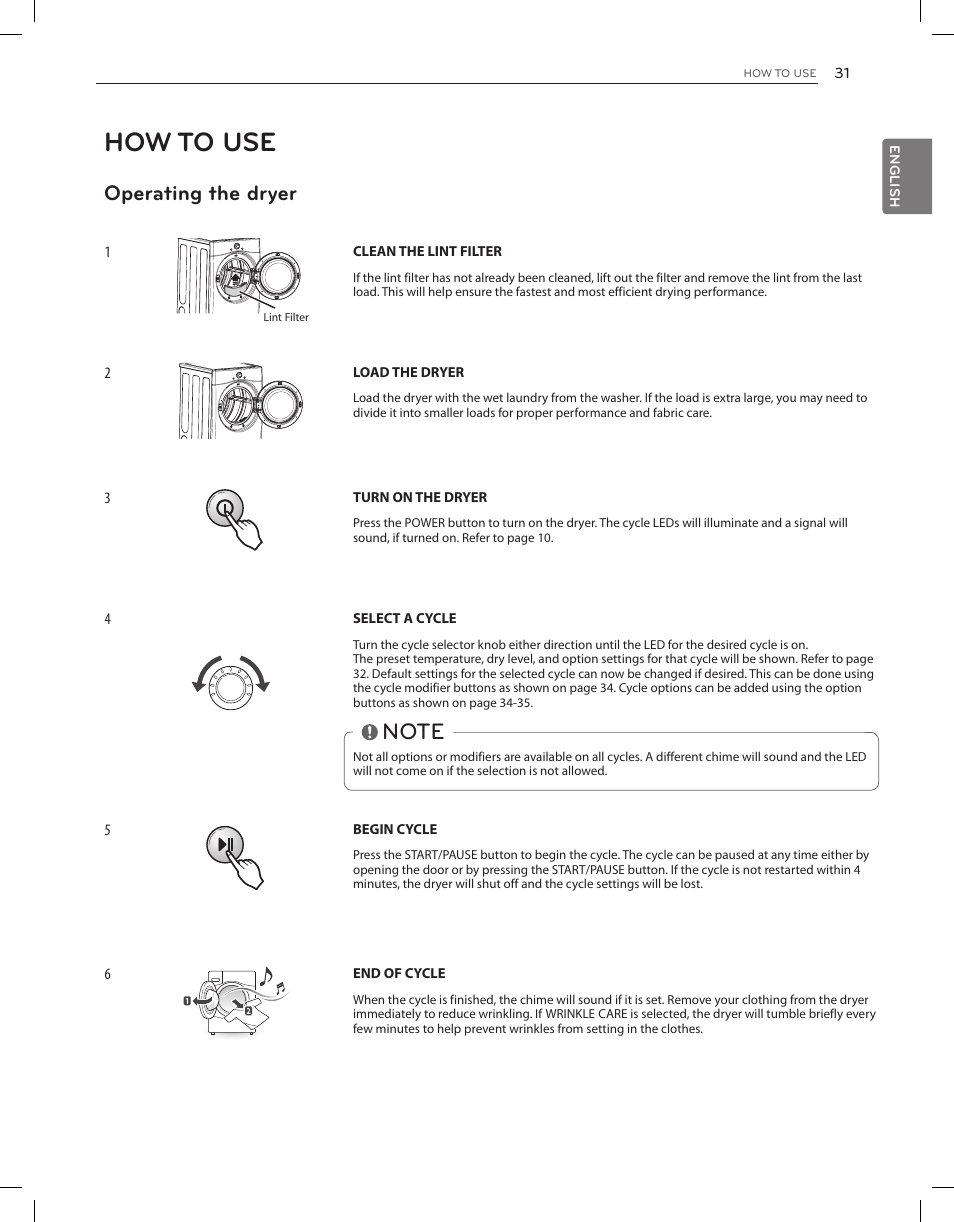How to use, Operating the dryer | LG DLEX3650V User Manual | Page 31 / 96