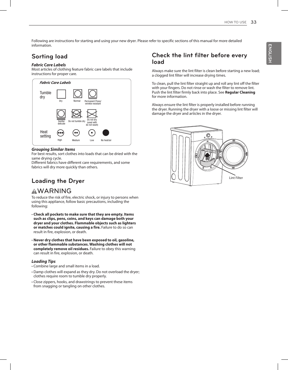 Warning, Check the lint filter before every load, Sorting load | Loading the dryer | LG DLEX3650V User Manual | Page 33 / 96