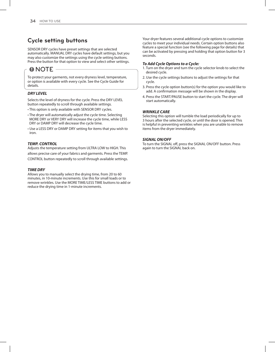 Cycle setting buttons | LG DLEX3650V User Manual | Page 34 / 96