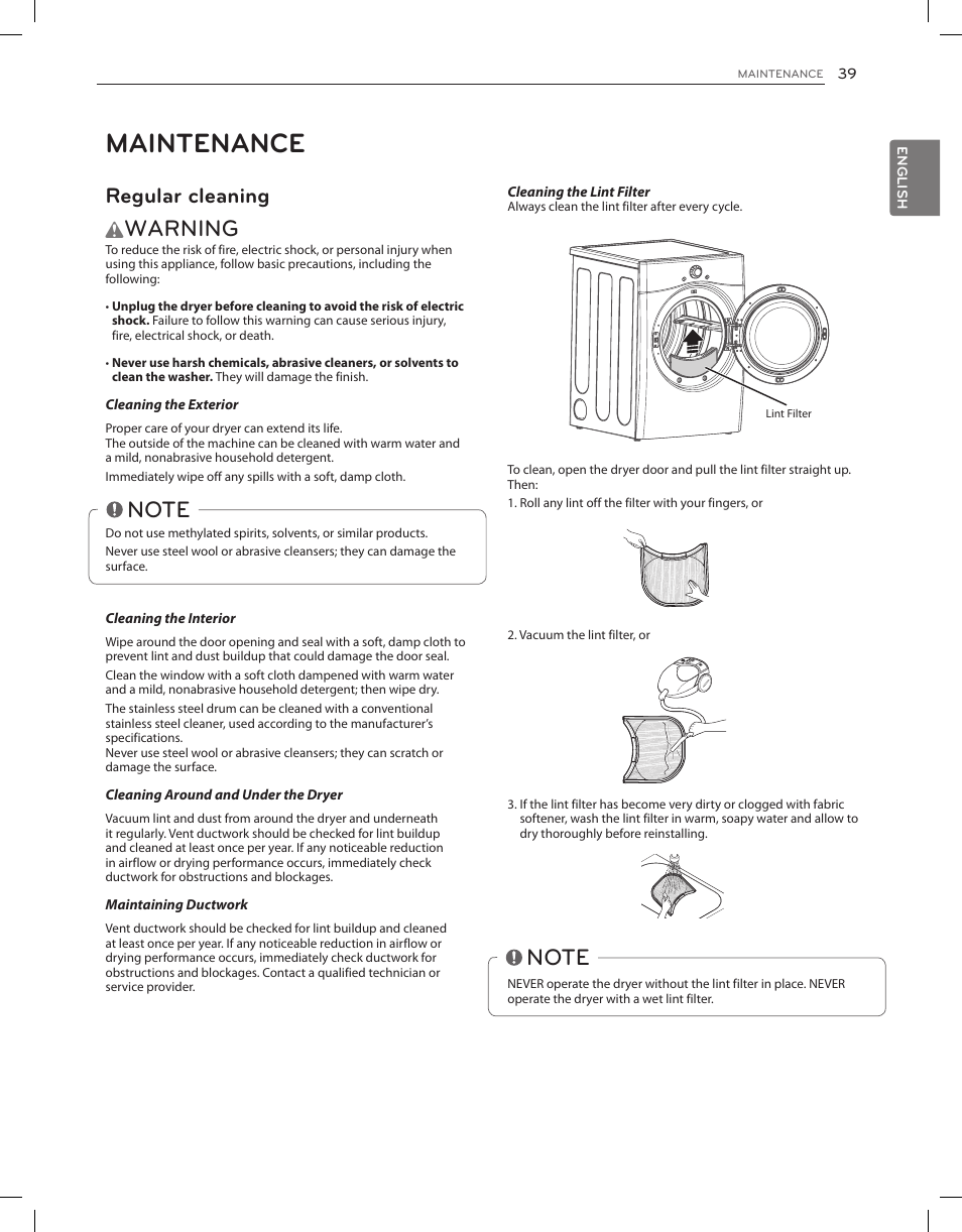 Maintenance, Warning, Regular cleaning | LG DLEX3650V User Manual | Page 39 / 96