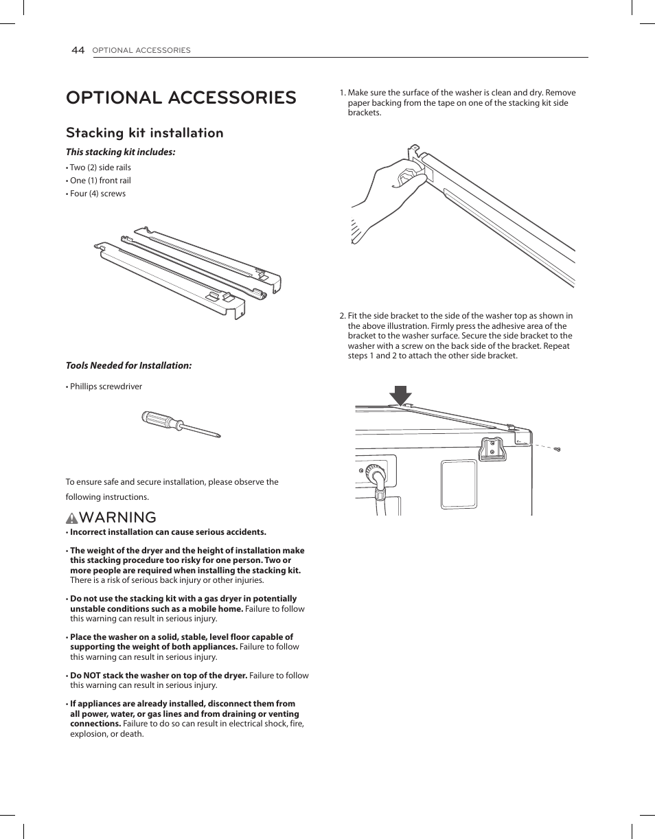 Optional accessories, Warning, Stacking kit installation | LG DLEX3650V User Manual | Page 44 / 96