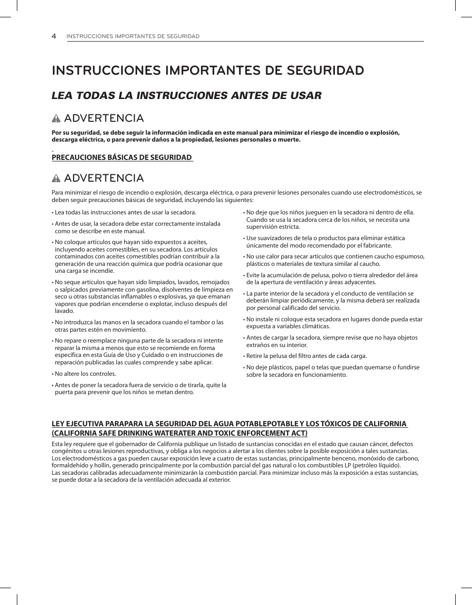 Instrucciones importantes de seguridad, Advertencia, Lea todas la instrucciones antes de usar w | LG DLEX3650V User Manual | Page 50 / 96
