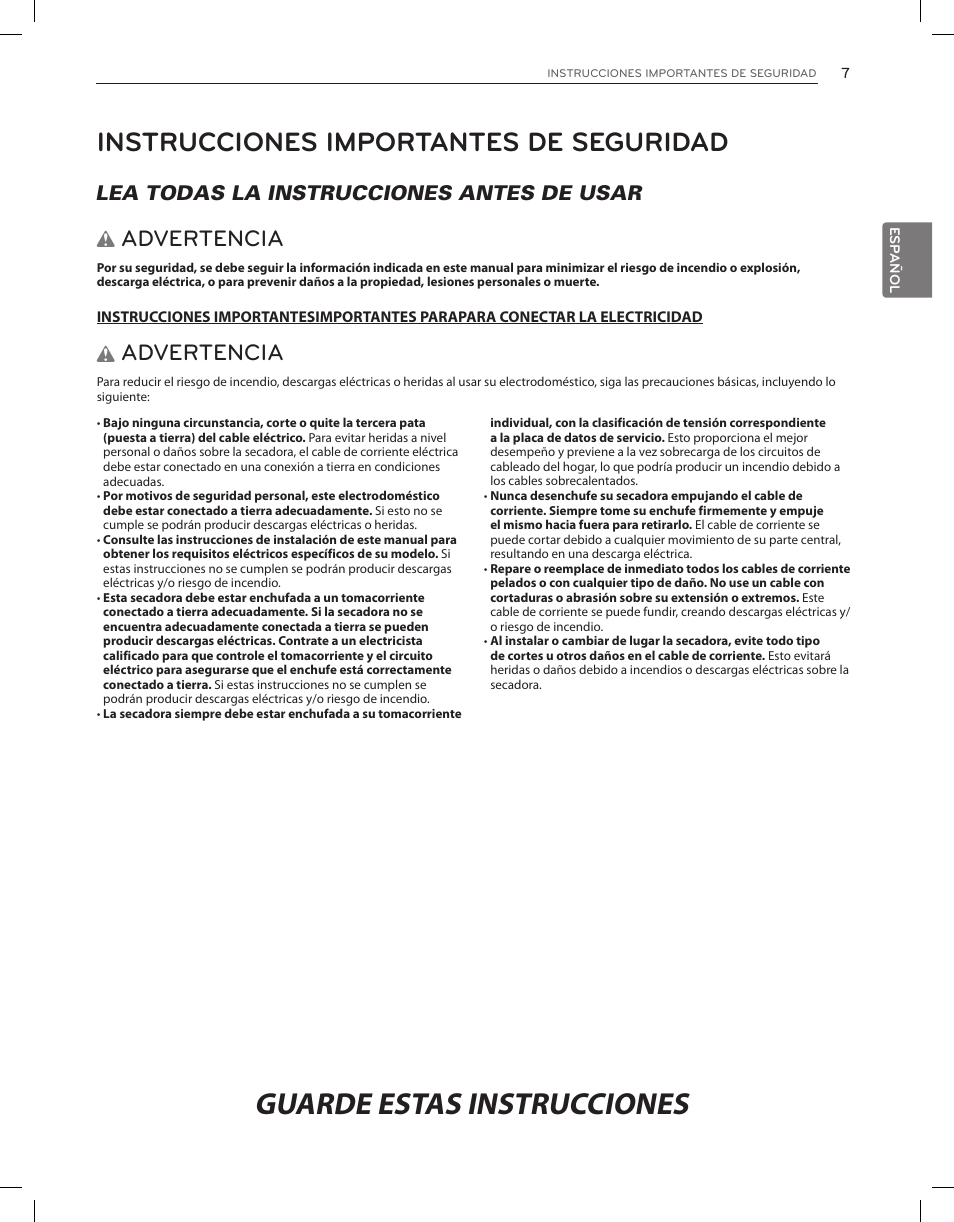 Guarde estas instrucciones, Instrucciones importantes de seguridad, Advertencia | Lea todas la instrucciones antes de usar w | LG DLEX3650V User Manual | Page 53 / 96